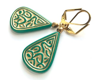 Green and Gold Moroccan inspired teardrop earrings