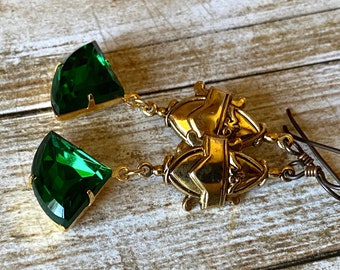Art Deco dangle earrings with emerald green fan shaped drops, antique gold finish