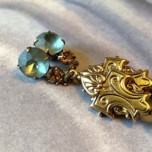 Art Deco earrings with Indian Sapphire matte glass drops and Light Smoked Topaz rhinestone accents image 1