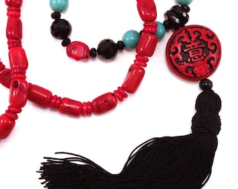 Red black and turquoise Chinoiserie tassel necklace