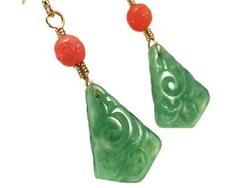 Art deco earrings in jade green and coral