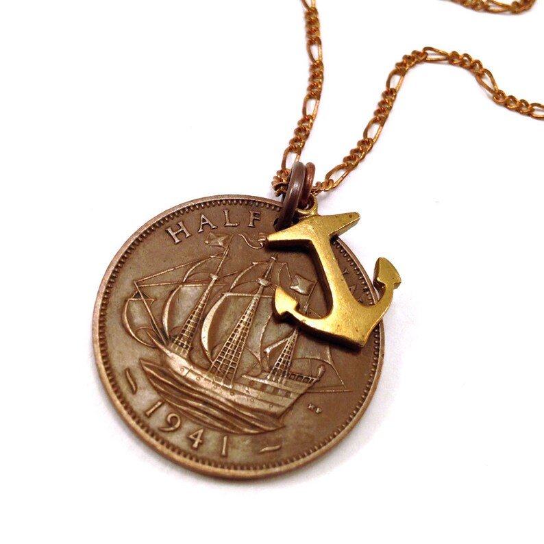 Nautical coin necklace with ship and anchor British 1938 Etsy