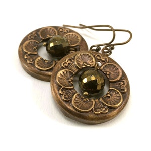 Intricate dangle hoop earrings with bronzed pyrite accent image 4