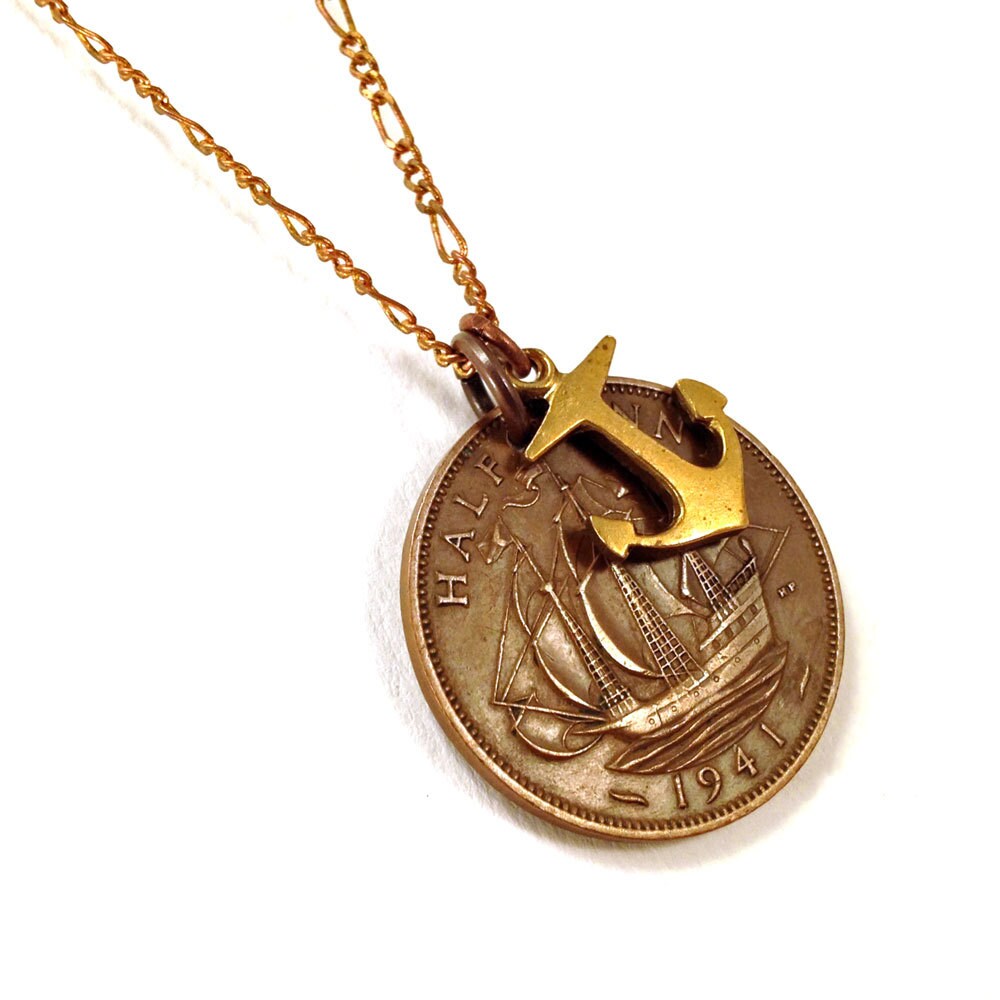 Nautical coin necklace with ship and anchor British 1938 Etsy