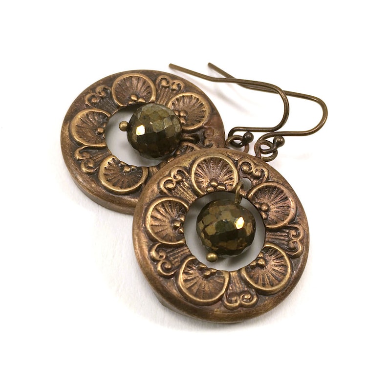 Intricate dangle hoop earrings with bronzed pyrite accent image 2