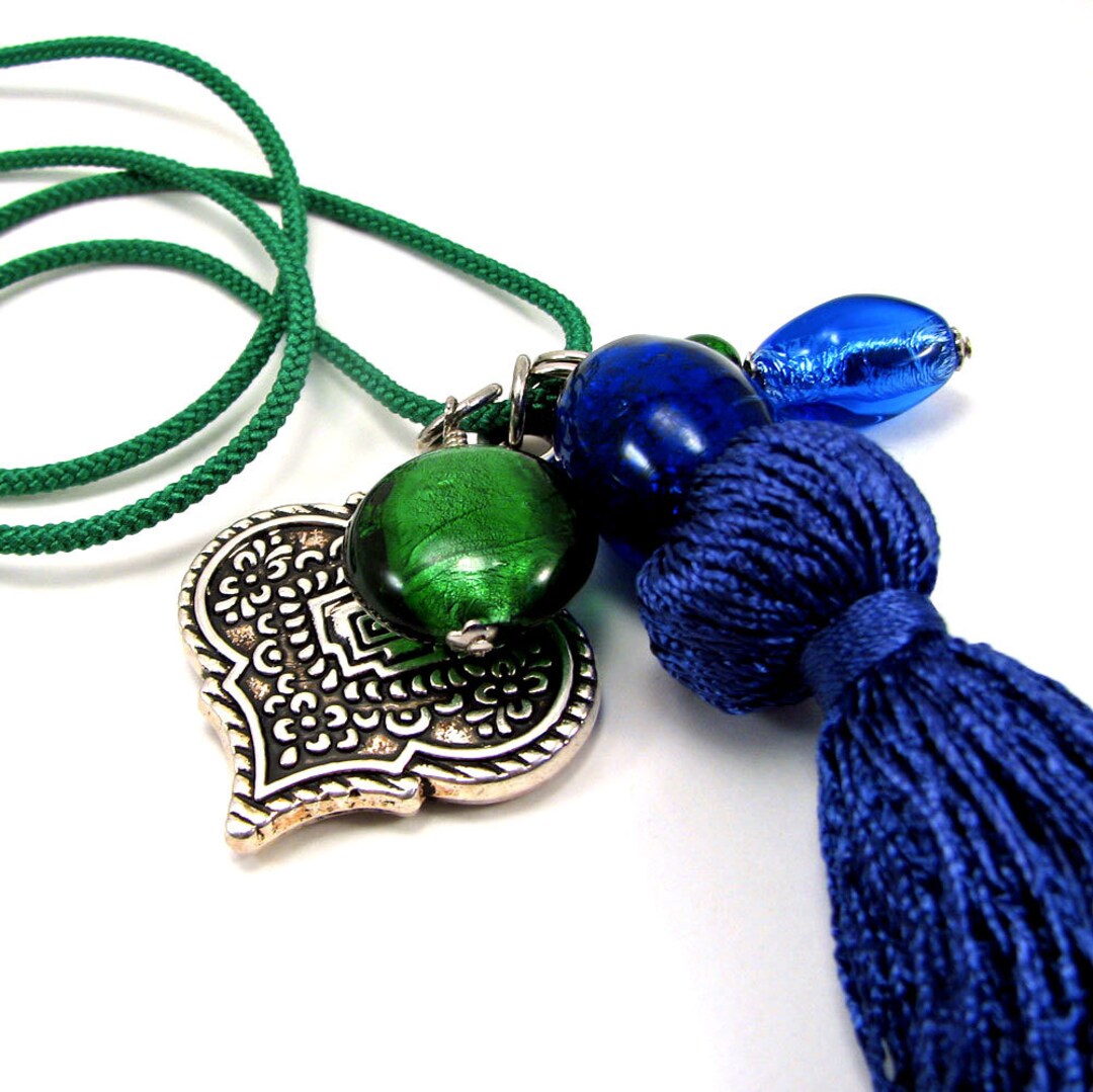 Moroccan Style Tassel Necklace in Emerald Green and Cobalt - Etsy