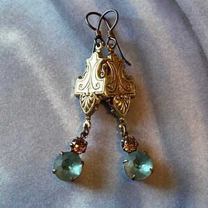 Art Deco earrings with Indian Sapphire matte glass drops and Light Smoked Topaz rhinestone accents image 2