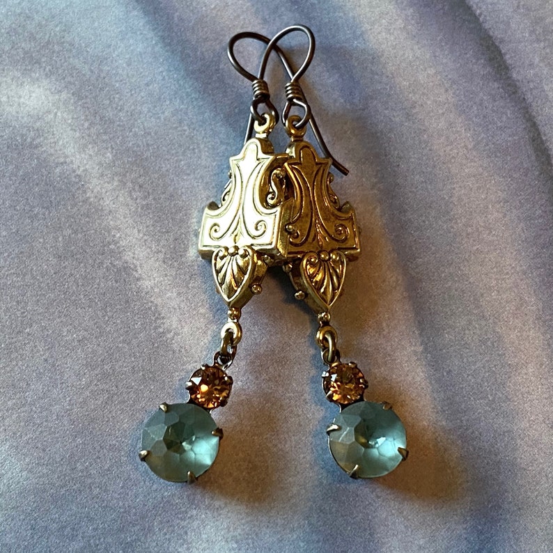 Art Deco earrings with Indian Sapphire matte glass drops and Light Smoked Topaz rhinestone accents image 2