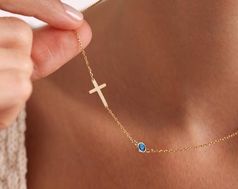 Sideways Cross Necklace, Dainty Gold Cross Necklace, Birthstone Necklace, Confirmation Gift, Baptism Gift, Minimalist Necklace, Gift for Her