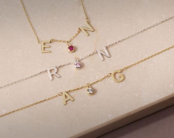 Birthstone Initial Necklace, Personalized Letter Necklace, Custom Name Necklace, Dainty Gold Necklace, Birthday Gift for Her