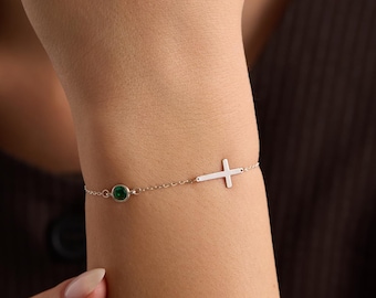 Cross Bracelet with Birthstone, Dainty Gold Cross Bracelet, Tiny Cross Bracelet, Confirmation Gift, Baptism Gift, Christmas Gift For Her