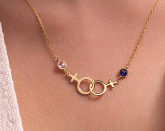 Lesbian Couple Necklace with Birthstones, LGBTQ Pride Jewelry, Personalized Venus Symbol Necklace, Gift for Wife, Girlfriend
