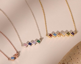 Sterling Silver Family Birthstone Necklace, Gold Square Birthstone Necklace, Birthstone Jewelry, Bridesmaid Gif, Christmas Gifts