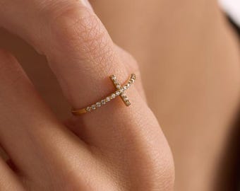 Dainty Diamond Cross Ring: 14K Gold Plated Sterling Silver