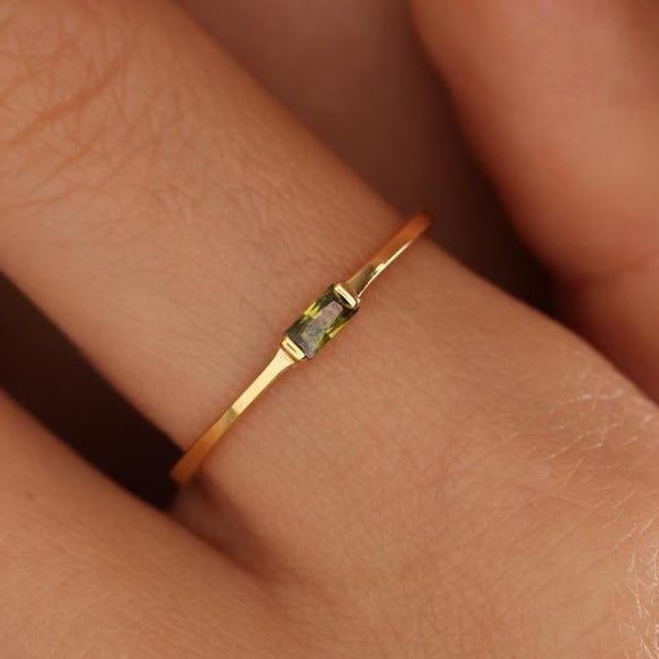 14K Gold Baguette Birthstone Ring: Dainty Stacking Ring