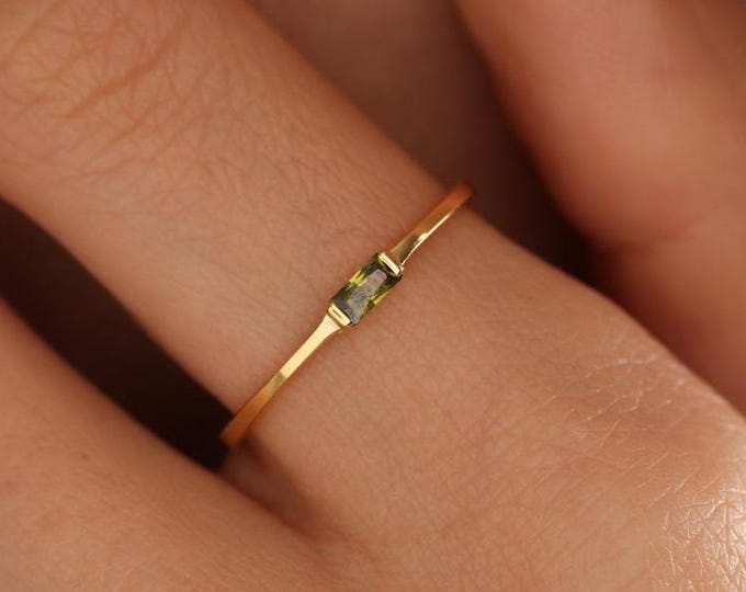 14K Gold Baguette Birthstone Ring: Dainty Stacking Ring