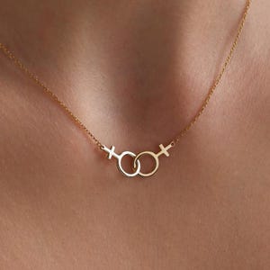 Lesbiskt halsband i 14k guld - Lesbiska stolthetsmycken - Dubbelt Venushalsband i sterlingsilver - Present till henne - Mors dag-present, present till henne