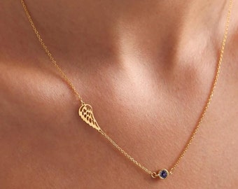 Colar de prata esterlina com pedra de nascimento e asa de anjo: joias memoriais