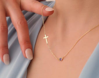 Sideways Cross with Birthstone Necklace in Gold, Dainty Gemstone Cross Necklace, Birthday Cross and Birthstone Necklace for Women, Necklace