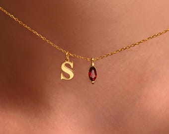 Personalized Initial Birthstone Necklace, Sterling Silver Dainty Charm, Birthday Jewelry
