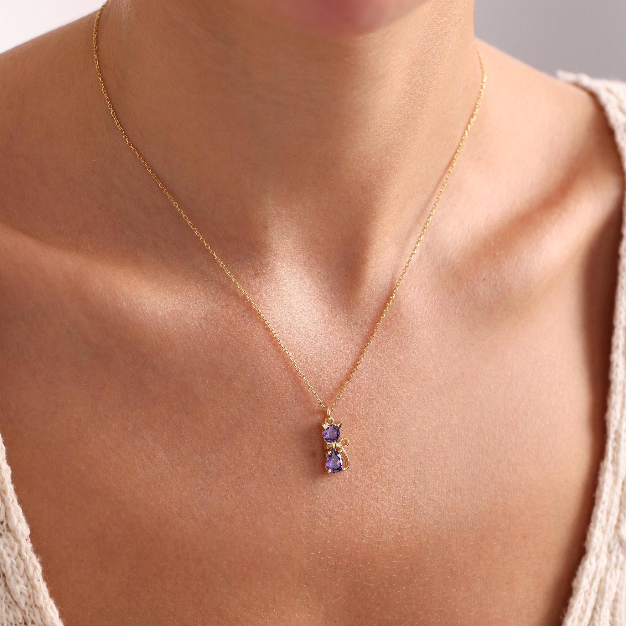 Personalied Birthstone Necklace, Cat Charm Necklace , Cat Lover Necklace, Kitten Necklace, Animal Necklace, Cat Mom Gift, Pet Lover Gift