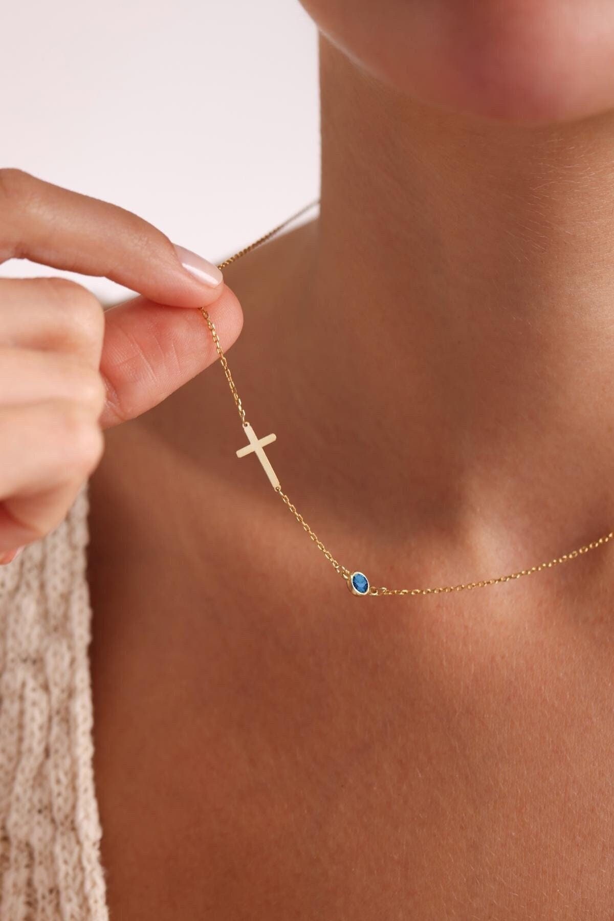 14K Solid Gold Sideways Cross Necklace, Dainty Gold Cross Necklace, Gift for Her, Birthstone Necklace, Confirmation Gift, Baptism Gift