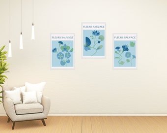 Set of 3 Wild Flower Bold Print - Blue
