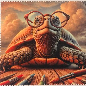 Può includere: Una tartaruga con occhiali dalla montatura rossa è seduta su una superficie di legno con pennelli e tubetti di vernice sparsi intorno. La tartaruga ha un'espressione seria e sembra guardare lo spettatore.