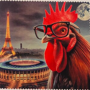 Può includere: Un gallo rosso con occhiali a montatura nera, con cresta e bargiglio rossi, è posto sullo sfondo della Torre Eiffel e di uno stadio. Le piume del gallo sono marroni e nere.