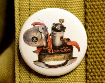 PONY RIDE, Norman the Robot Rides Dash the Rocking Horse, 1 1/2" Pin Back Button, the Ultimate Norman Swag