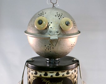 ROCCO, Assemblage Art Recycled Robot Sculpture, Cookie Lover and Robot