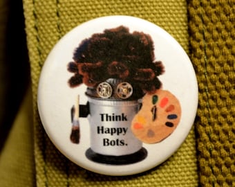 THINK HAPPY BOTS, Norman the Robot as Bot Ross, 1 1/2" Pin Back Button, the Ultimate Norman Swag