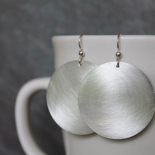 Large Handmade Sterling Silver Earrings - Matte - Brushed Silver - 1 1/2 Inch Jewelry Disc Round Circle bold modern Heather Sorrell Apogee