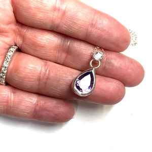 Pear shaped Amethyst necklace pendant with round white faceted Topaz set bail in Sterling Silver with lobster clasp Sterling Silver chain image 5
