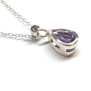 Pear shaped Amethyst necklace pendant with round white faceted Topaz set bail in Sterling Silver with lobster clasp Sterling Silver chain image 3