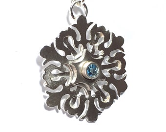 Silver Medallion Snowflake with Aquamarine or Moissanite Pendant Mandala Necklace