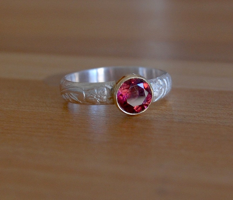 Pink Crimson Tourmaline Gold and Silver Ring Size 8 1/2 image 3