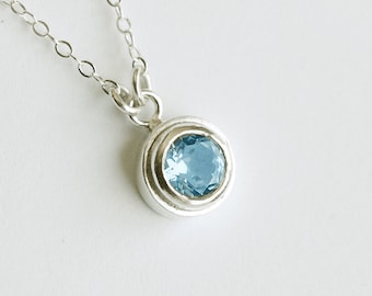 Blue Topaz Pendant in Sterling Silver Petite Bezel Set Necklace