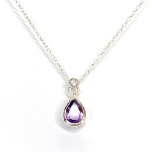 Pear shaped Amethyst necklace pendant with round white faceted Topaz set bail in Sterling Silver with lobster clasp Sterling Silver chain image 1
