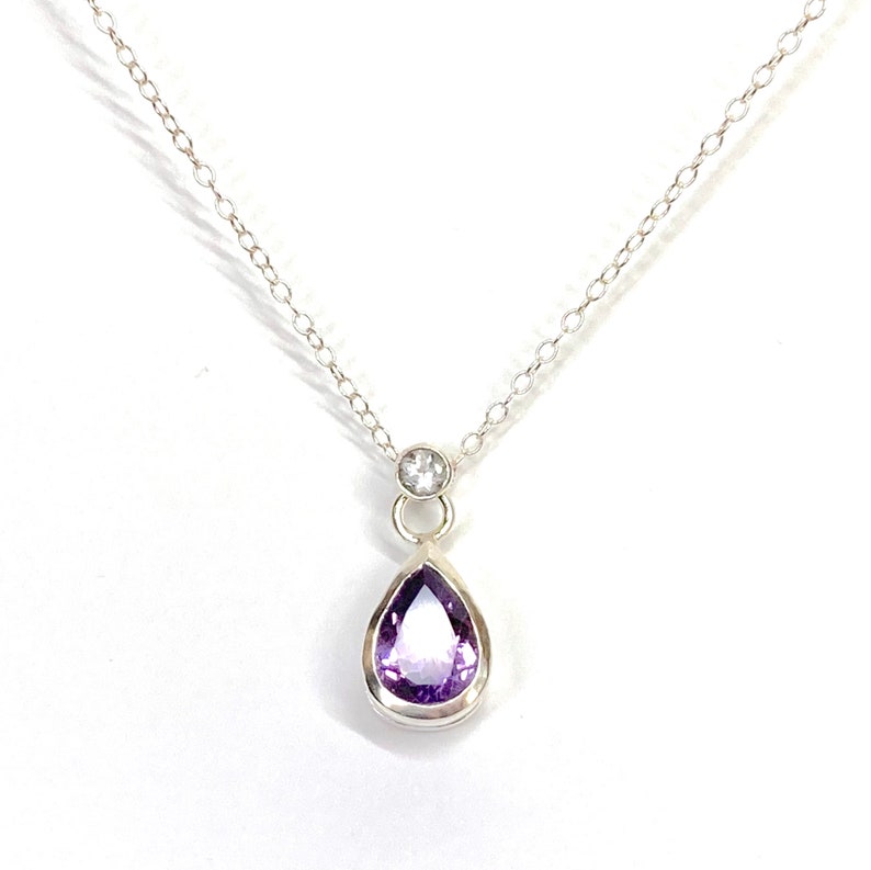 Pear shaped Amethyst necklace pendant with round white faceted Topaz set bail in Sterling Silver with lobster clasp Sterling Silver chain image 1