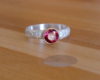 Pink Crimson Tourmaline Gold and Silver Ring Size 8 1/2