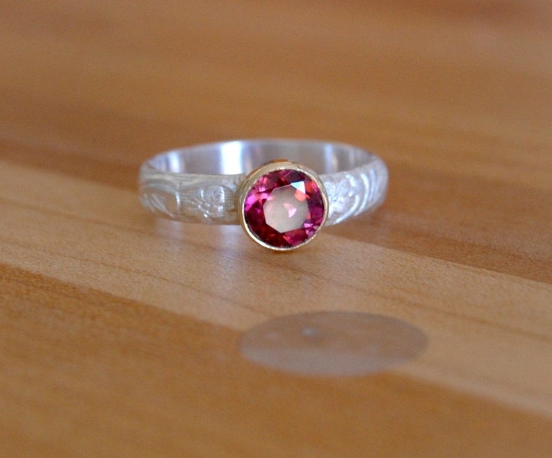 Pink Crimson Tourmaline Gold and Silver Ring Size 8 1/2 image 1