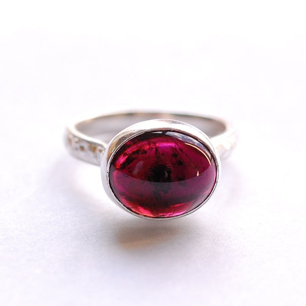 Silver Tourmaline Ring with Dark Red Plum Cabochon Size 6 1/2