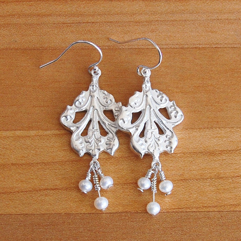 Silver Pearl Earrings in Acanthus Leaf Style image 2