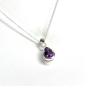 Pear shaped Amethyst necklace pendant with round white faceted Topaz set bail in Sterling Silver with lobster clasp Sterling Silver chain image 4