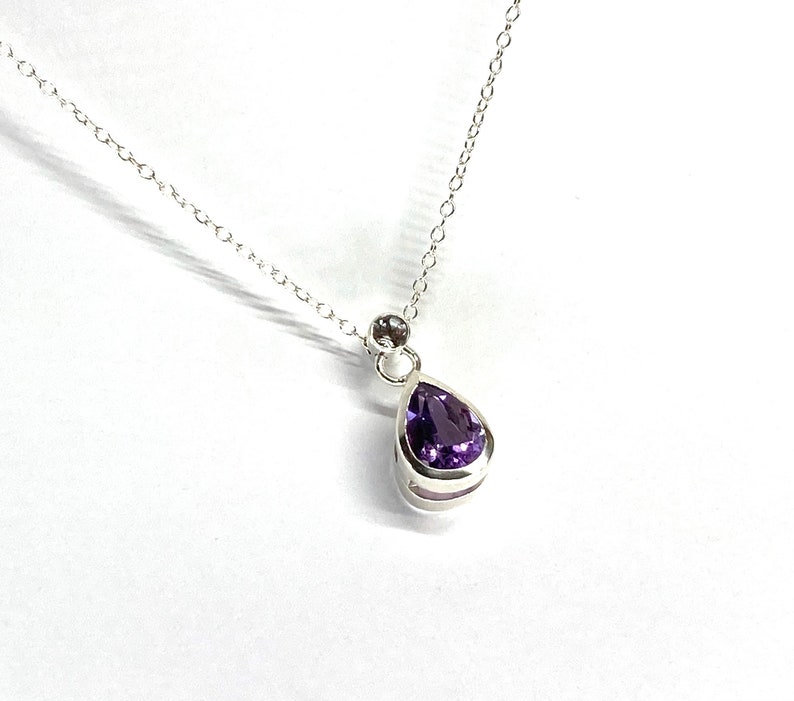 Pear shaped Amethyst necklace pendant with round white faceted Topaz set bail in Sterling Silver with lobster clasp Sterling Silver chain image 4