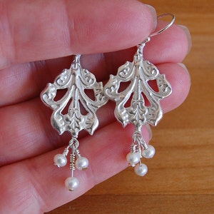 Silver Pearl Earrings in Acanthus Leaf Style image 3