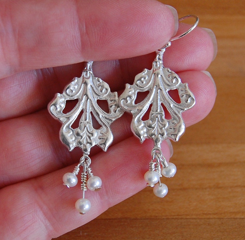 Silver Pearl Earrings in Acanthus Leaf Style image 3