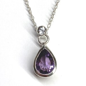 Pear shaped Amethyst necklace pendant with round white faceted Topaz set bail in Sterling Silver with lobster clasp Sterling Silver chain image 2