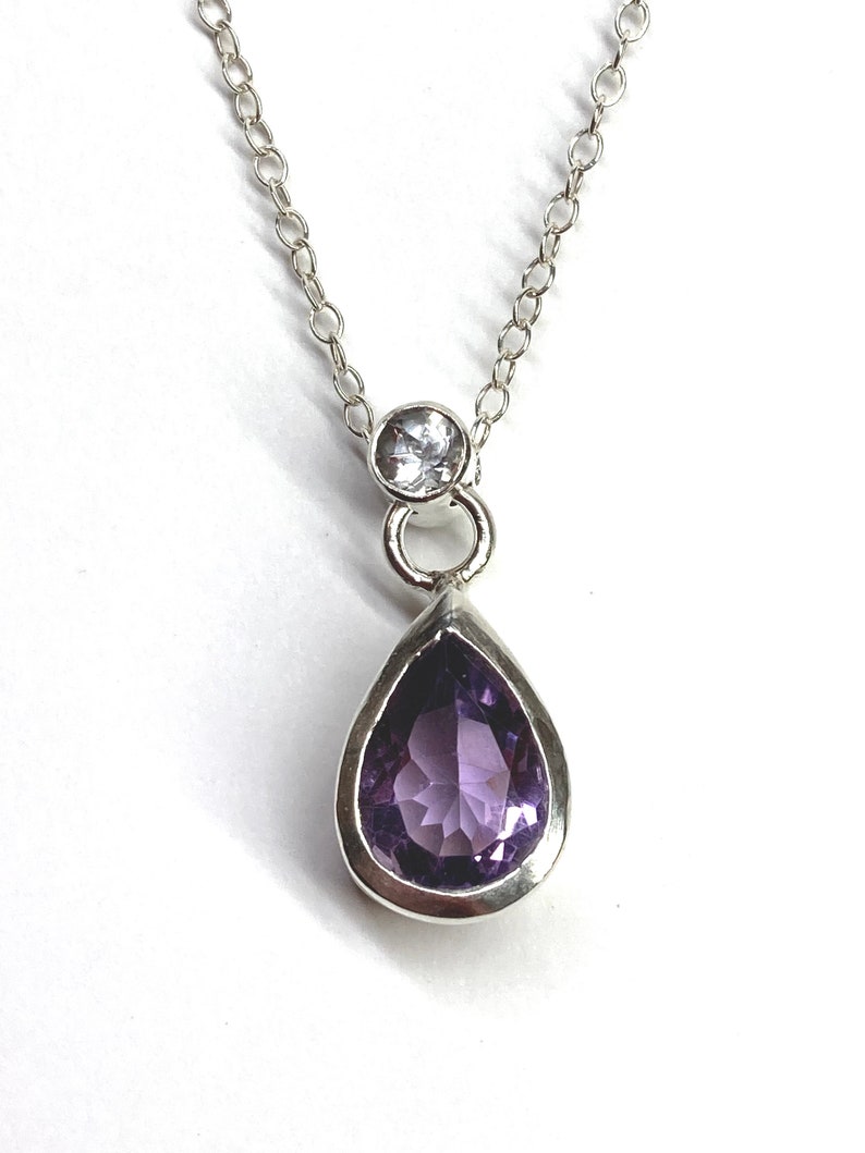 Pear shaped Amethyst necklace pendant with round white faceted Topaz set bail in Sterling Silver with lobster clasp Sterling Silver chain image 2